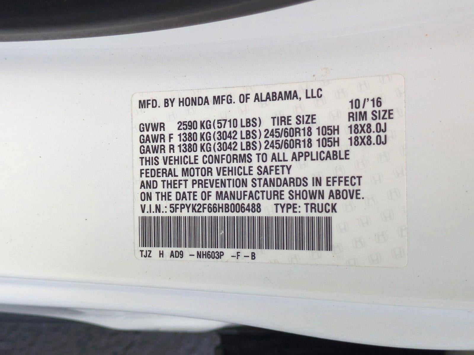 2017 Honda Ridgeline RTL-T 4x2 Crew Cab 5.3' Bed