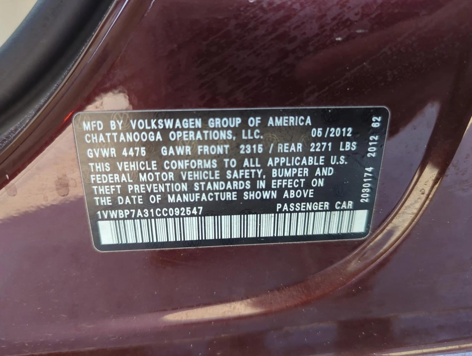 2012 Volkswagen Passat 4dr Sdn 2.5L Manual SE PZEV